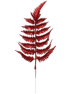 Red Glittered Leather Fern Spray, 14 Inches (Lot of 1 Bunch - 12 Pcs. Per Bunch) SALE ITEM